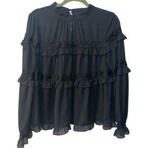 Lumie Blouse Womens M Black Ruffle Tiered High Neck Top Lace Dark Romantic Boho